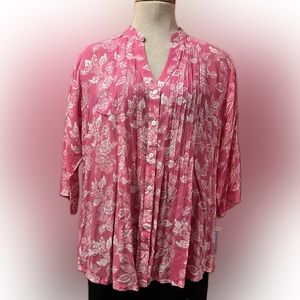 Blue Ginger Pink Hawaiian Print Rayon Tunic Button-up XXL